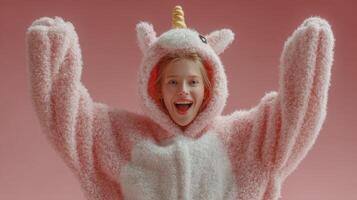 Joyful girl wearing pink unicorn onesie celebrates with playful spirit in a vibrant studio setting photo