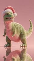 Cute dinosaur wearing a Santa hat stands on a reflective surface with a pink background during the holiday season photo