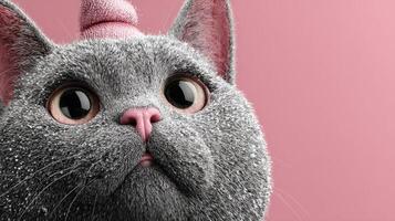 Cute gray cat wearing a pink hat with a soft expression against a pink background photo