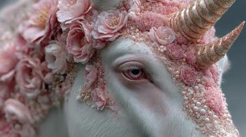 Unicorn adorned with pink flowers and pearls in a magical woodland setting during daylight photo