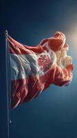 Flag of Austria flutters in the sunlight against a clear blue sky, showcasing vibrant colors and intricate details photo