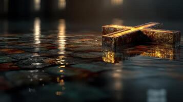 Mysterious cross resting on a reflective water surface in a dimly lit environment at night photo
