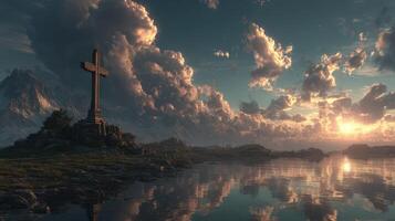 Scenic landscape featuring a cross at sunset near a reflective lake surrounded by mountains photo