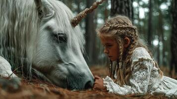 Young girl interacts with a unicorn in a serene forest setting during late afternoon photo