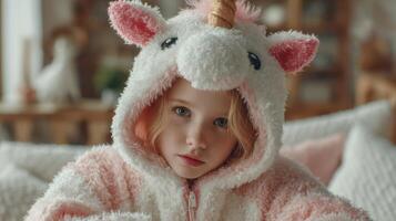 Young child in a cozy unicorn hoodie sitting indoors during a relaxed afternoon photo