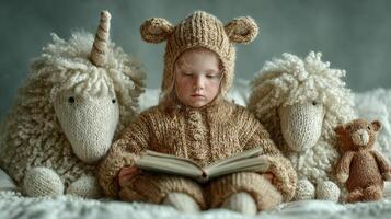 Child reading a book while dressed in a knitted animal costume surrounded by plush toy friends photo