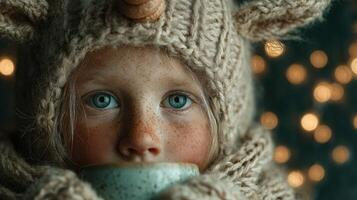 Child wearing cozy knit hat and scarf, sipping warm drink in festive atmosphere with twinkling lights around photo