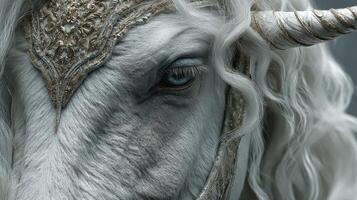 Majestic white unicorn adorned with intricate silver headpiece showcasing detailed craftsmanship and rich textures in a mystical setting photo