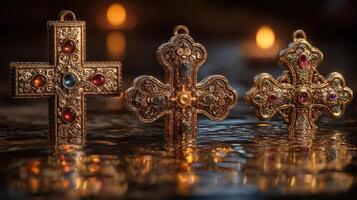 Beautifully crafted gold crosses with colorful gems reflecting light in a serene setting photo