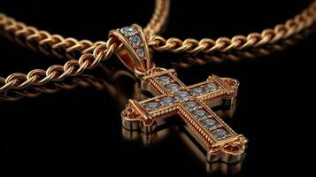 Beautiful golden cross pendant with diamonds on an elegant chain against a black background photo