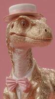 Elegant dinosaur in golden attire wearing a pink bow tie and hat against a pink backdrop photo