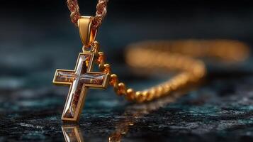 Golden cross pendant on a twisted chain with a dark background showcasing intricate craftsmanship and design details photo