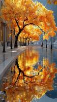 Beautiful autumn trees reflect in calm waters along a serene canal photo
