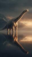 Dinosaur standing in a serene landscape reflecting on calm waters at sunset photo