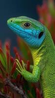 Vibrant lizard resting among colorful foliage in a natural habitat during daylight hours photo