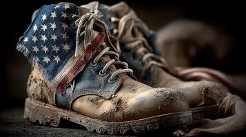 Military boots display patriotism with worn elements and US flag symbolizing sacrifice and duty in a dramatic setting photo