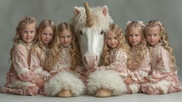 Six young girls in pastel dresses posing with a unicorn in a whimsical studio setting photo