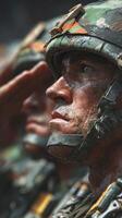 Soldiers saluting during a military ceremony in a training area at dusk, showcasing dedication and discipline photo