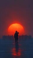 Soldiers salute during sunset amidst a backdrop of camaraderie and respect on a serene evening photo