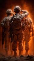 Soldiers saluting prominently in a dramatic atmosphere during a military operation at sunset photo