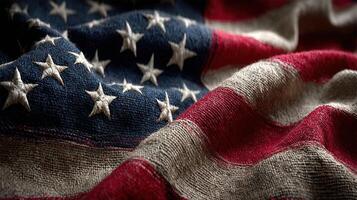 Waving fabric of a weathered American flag displayed with pride and history in natural light photo