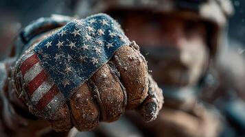 Soldier stands ready, showing a weathered glove adorned with the American flag during a harsh winter environment in a combat scenario photo