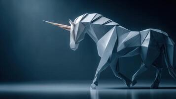 Creative origami unicorn sculpture in a soft-lit art studio showcasing intricate craftsmanship photo