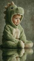 Cute child in dinosaur costume smiles during indoor photo session, capturing joyful innocence and playful spirit