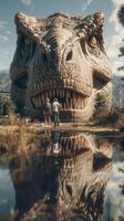 Visitors admire giant dinosaur sculpture near a calm body of water during sunny daytime in an outdoor park setting photo