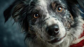 Charming close-up of a border collie with expressive eyes captured indoors, showcasing unique fur patterns in soft lighting photo