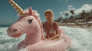 Woman enjoying a beach day on a pink unicorn float during sunny weather in a coastal paradise photo