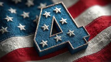 Fourth of July celebration symbol featuring a blue number four on an American flag background with stars and stripes photo