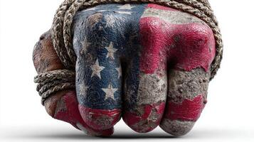 Symbolic representation of strength and unity displayed through a clenched fist wrapped in rope, showcasing patriotic colors photo