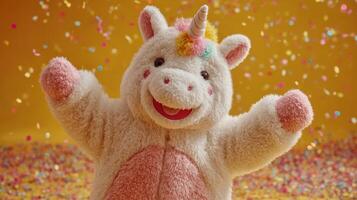 Colorful unicorn plush toy celebrates at a festive party with confetti and cheerful decor photo