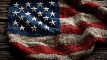 Vintage American flag made of textile draped on wooden surface with rustic texture showcasing intricate details and craftsmanship photo