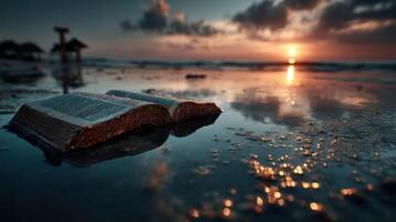 Book left on wet sand at sunset by the beach reflecting colors of the sky in the water photo