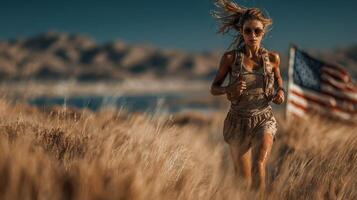 Runner in desert landscape carrying American flag during golden hour, showcasing determination and strength photo