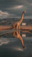Dinosaur statue standing on a rural road beside a pond during golden hour with dramatic clouds overhead photo