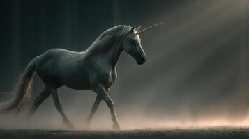 Majestic unicorn wanders through misty forest at dawn, capturing a moment of serene beauty and magic photo