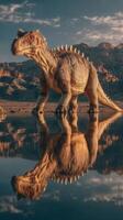 Dinosaur reflection in a tranquil lake surrounded by rocky mountains at sunset photo