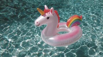 Colorful unicorn float in bright turquoise swimming pool during sunny day in summer photo