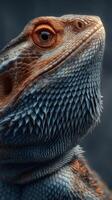 Detailed close-up of a bearded dragon showcasing intricate textures and vibrant colors in a calm setting photo