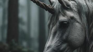Majestic unicorn standing in a misty forest surrounded by tall trees during early morning light photo