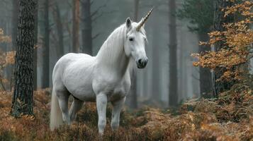 Majestic white unicorn standing in a misty forest surrounded by autumn foliage photo