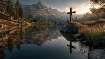 Reflections of nature at sunset near a serene lake with mountains and a wooden cross photo