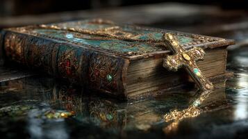 Ancient ornate book resting on a reflective surface with a golden cross at a dimly lit location photo