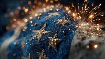 Sparkling celebration of patriotism with blue fabric and golden stars during a festive event photo