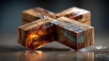 Wood and resin cross sculpture with a blend of textures and warm lighting on a reflective surface photo