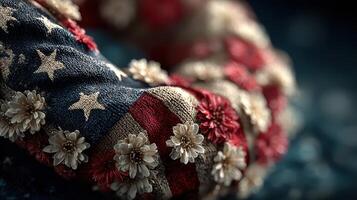 Decorative wreath with stars and stripes adorned with flowers for Independence Day celebration in a cozy setting photo