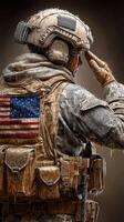 Soldier saluting in the rain with U.S. flag as a symbol of honor and dedication during a mission photo